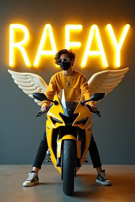 create a 3D illusion for a profile picture where a 18 year old boy attitude BOY in a yellow dress and sunglasses standing upright casually on a wingback yellow Hayabusa Super bike, wearing sneakers, with black mask, and sunglasses, be looks ahead, the back...