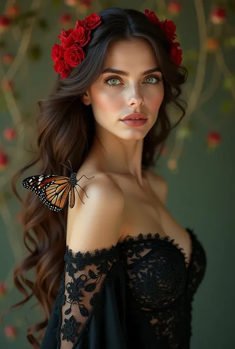 Breathtakingly beautiful woman with vibrant green eyes and cascading long hair adorned with delicate red flowers, wearing an intricately designed black evening dress with subtle lace details, standing elegantly with a stunning butterfly perched on her shou...