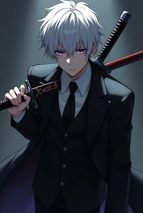  make an anime character with hate and adult 

White hair, Purple eyes and realistic black suit with two swords
