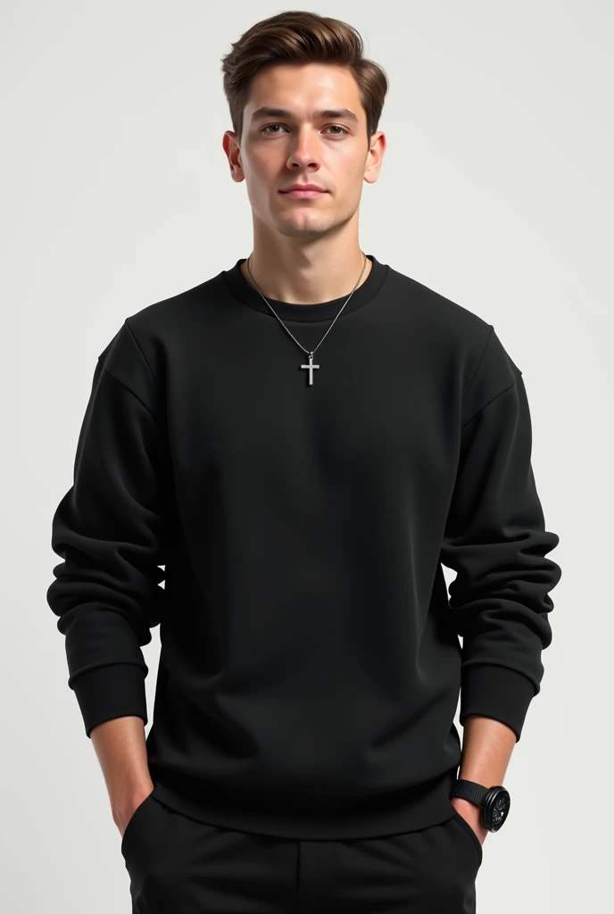  25-year-old man , chemical engineer,  short brown hair , white pele, Are you wearing black sweatshirts and pants ,  you have a black pointer watch on your right wrist and a necklace with a small cross pendant