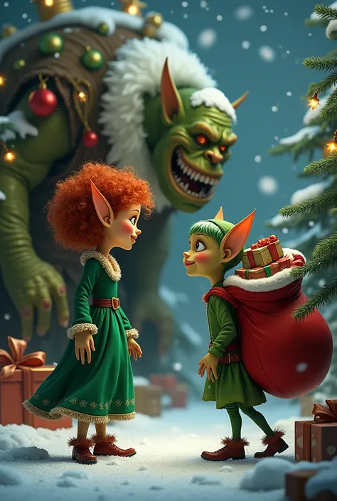 Create a small elf with pointy ears ,  curly red hair and her bright emerald green skin ,  and she wears a green-eyed dress with a giant red bag like Santaclauss,  and inside presents that is next to a Christmas tree that met a fearful-looking ogre, But in...