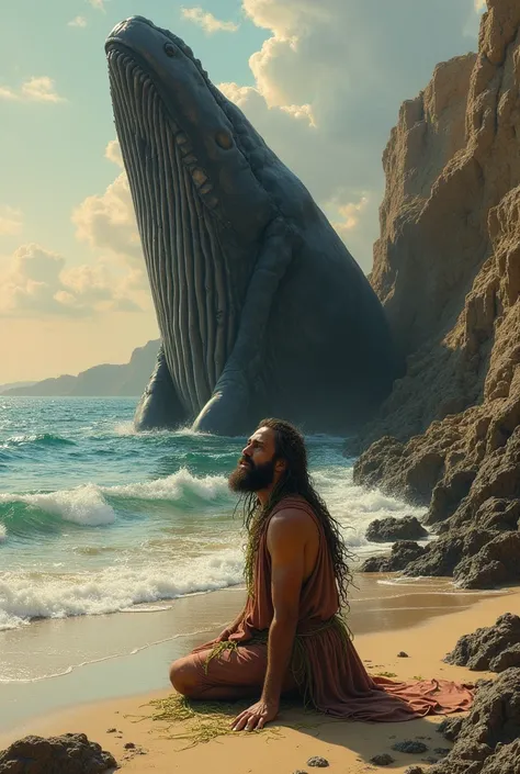  " A huge whale on a rocky beach , vomiting Jonah on the sand .  Jonah is covered with seaweed and water ,  kneeling on the ground with an expression of relief and gratitude.  The sky shows a gentle sunrise ,  with warm tones , symbolizing a new beginning....