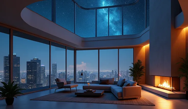 night、Starry Sky、You can see the stars from the Glass ceiling、there is a living room with a couch, Chair, Table and fireplace, Interior of a luxury apartment, Loft Interior Design Photos, interior of a loft, architectural rendering, Dramatic expression, CG...