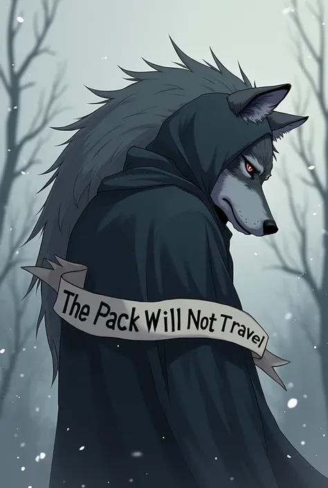  anime style,  create the cover of a newspaper ,  where there is a sad wolf , with a title that says : The pack will not travel ,  but that is on its back and with a hood