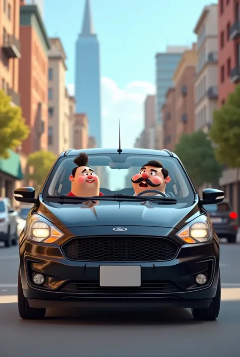  Disney photo with a new black Ford Ka learning , With headlights and miles on , Chubby instructor with a black tuft without hair and without a mustache inside the car,  teaching a skinny student how to drive on the city streets ! Both looking forward!