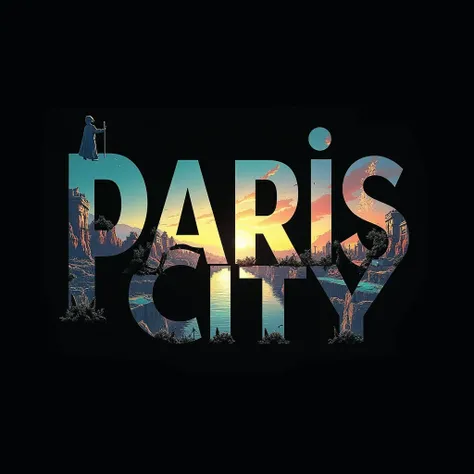 "Create a word art design using the text paris city in bold, capital letters, with a surreal and fantastical landscape filling the letters. The scene should depict a dramatic, otherworldly environment with rocky cliffs, glowing ethereal light, and a lone, ...