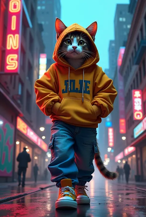 Create an image of a cat in hip hop clothing in the city