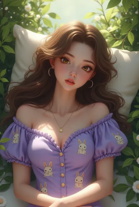 a 20-year-old brown-haired white-skinned girl lying in a purple jumpsuit with rabbit prints