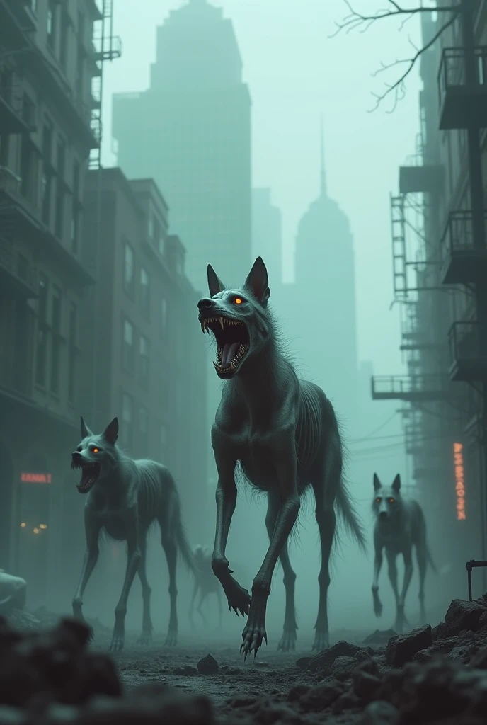  dystopian derelict big city , In the fog,  a pack of stray skeletonized dogs, snarl, showing teeth, with colorful eyes  