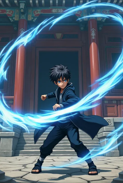 Generate an anime boy with blue shining eyes wearing a jacket and joggers holding a rasegan  fighting itachi uchiha from naruto shipudden in a ninja temple