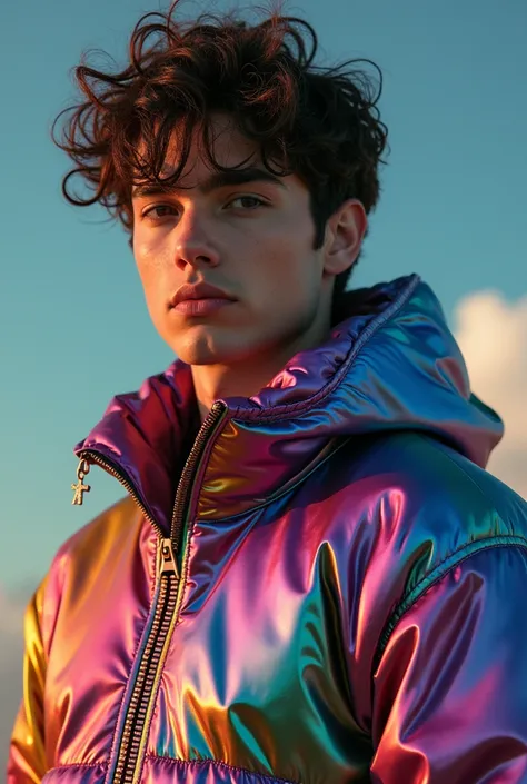 1 guy, A guy about 18 , kind look, The jacket shimmers with all the colors of the rainbow. 