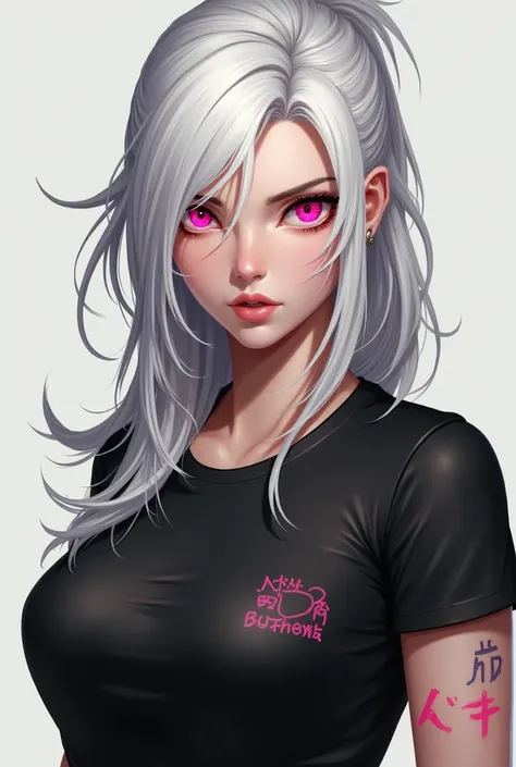  Create an image of a female character from Free Fire , tied white hair , eyes pink,  black shirt with a Japanese word circled near the left breast