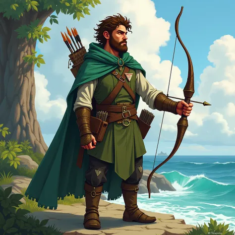 D&D character race uman, short 100cm as a hobbit, class Ranger, 40 years old, male, short curly brown hair, and a short beard. with no shows and feet as big as the ones of a hobbit. With short hairs on the feet, as a hobbit. Emerald eyes. with a cross bow ...