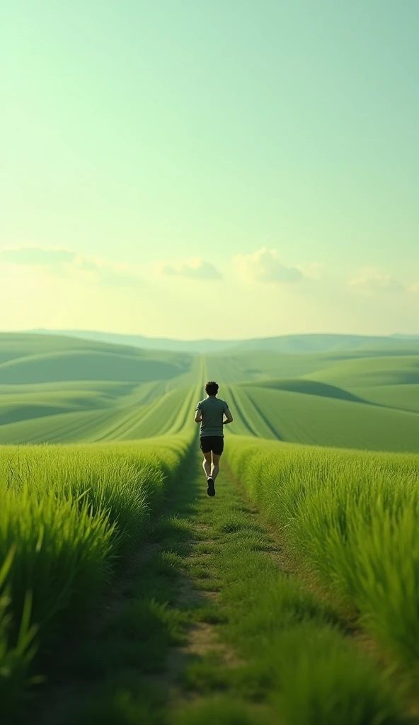  " A person running on a long, straight path to the horizon,  surrounded by green fields and clear skies , with an air of hope and improvement , hyperrealistic digital art."


