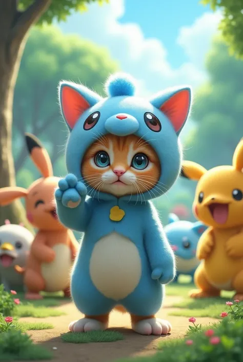 kitten 、Pokémon characters、(( Im cosplaying Pocchama   ))、      cute background、Stand and walk、        raise your hand、 Real Cat     、8k、      Im walking through the Pokémon world     