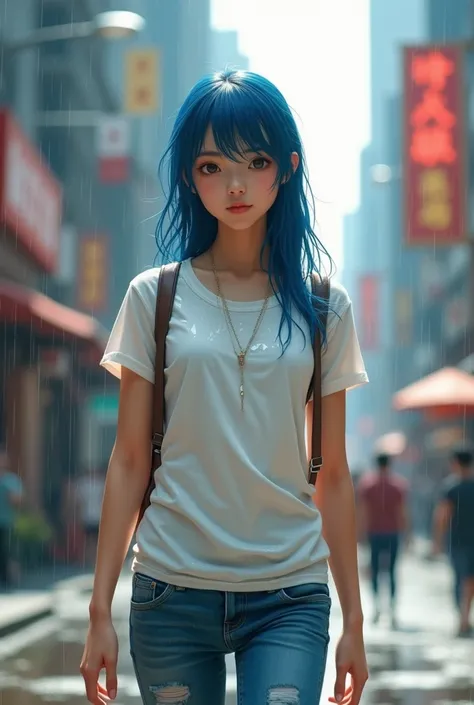 hyperrealistic young Asian girl , with brown skin,blue-haired ,  walking down the street wearing skinny jeans and a wet white t-shirt