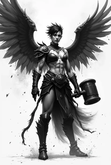 # Justfine / prompt:" A highly stylized black-and-white illustration of a beautiful angelic female warrior wearing armor with wide wings and a rough and intense expression.  The character stands in strong pose ,  clutching a large, well-worn hammer .  His ...