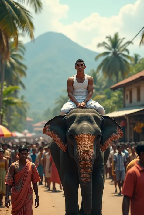 Cristiano ronaldo sitting in a elephant wearing white cotton vest and trouser. Elephants walking in roadside full of crowd. A mountain back and small old kerala type tea shop hanging a banana outside shop. Wide frame
