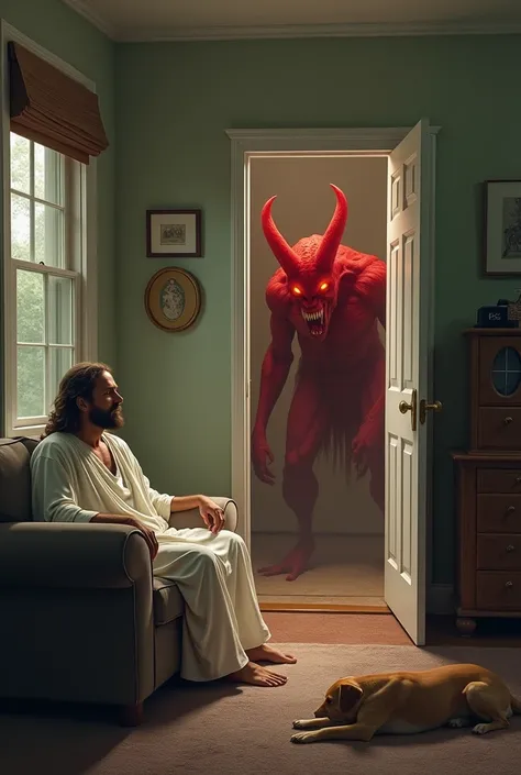 an image of the inside of the house, jesus is sitting on the couch and there is a dog on the floor. there is a Red monster with horns and red eyes at the door.