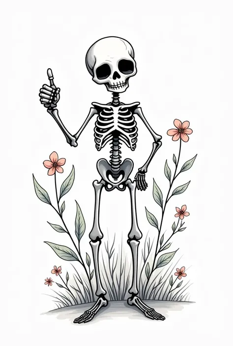 thumbs up skeleton line art with flowers