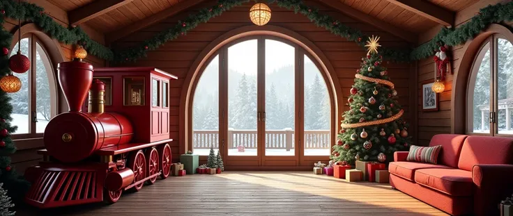 (photorealism:1.2), intérieur de chalet de Père Noël, ambiance chaleureuse, vue de face, grande verrière voutée au milieu du mur du fond, quelques décorations de Noël, quelques cadeaux, une grande locomotive jouet rouge devant la verrière, sans personnage,...