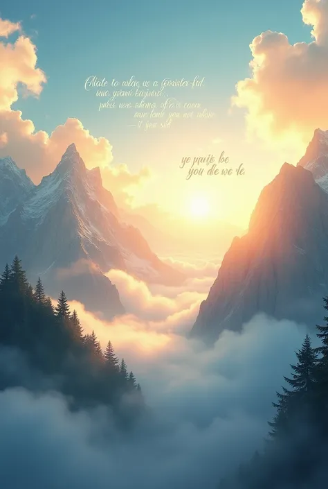 " Mountains bathed in golden light ,  with a blue sky filled with light clouds and the phrase :  May the light of the Lord illuminate your path and fill your life with peace and happiness. good morning!written in soft letters ."