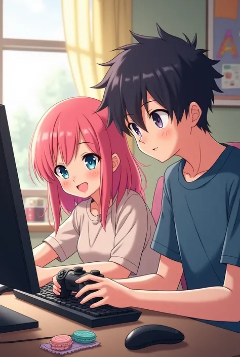 anime girl with pink hair and guy with black hair play pc game together separately 