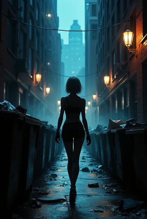 Aya Brea, the protagonist of Parasite Eve, standing heroically in a dimly lit, eerie New York City alleyway, surrounded by flickering streetlights and trash-filled dumpsters, with a menacing, otherworldly presence lurking in the shadows, rendered in a dark...