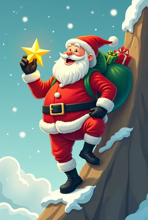 create an AI image of a Santa Claus as if he was climbing, he is wearing all red clothes, black shoes, red hat on his head, white beard and mustaches, he is holding a green bag of gifts on his back, with the other hand he holds a star all cartoon vector st...