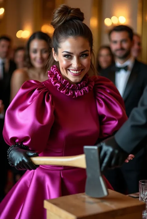 (realistic photograph sideways close up), (a smiling beautiful Caucasian lady with (messy hair bun), she is down on the floor and wearing a (excessive shiny fuchsia silk gown with (long gigantic puff sleeves), (and with an ultra high tight stand-up collar ...