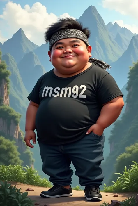  realistic caricature of 25-year-old Indonesian male, chubby body , wearing Balinese headband , wearing a black t-shirt with the words "msm92 ",  black baggy jeans trousers , wearing black shoes , mountain background 