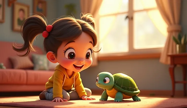  image for a cartoon story of Disney-style YouTube videos, in Pixar format : . 1.  Luna A girl with light pigtails , shows at home, from the screen.     screen.  2.Tobys turtle  