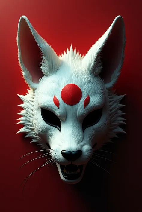 A Japanese Kitsune mask with black eyes, white and red colors, with a red circle on the forehead, hyper realistic, highly detailed, cinematic lighting, dramatic shadows, intricate patterns, masterpiece, (best quality,4k,8k,highres,masterpiece:1.2),ultra-de...