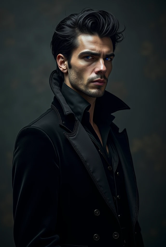 Realistic full-length photograph of an extremely handsome man, brown, square chin, violet eyes, stars reflected in his eyes, black hair, dressed as a prince of darkness