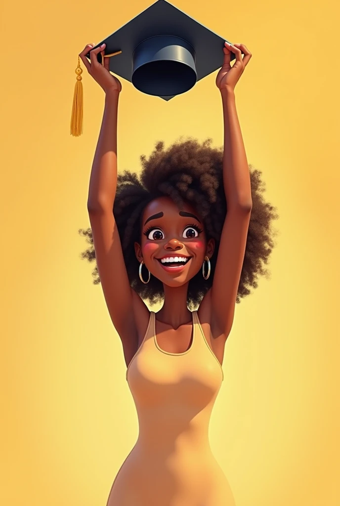 Create a Pixar cartoon image of an average size woman,  is black with fine African braids , wearing a cap ,  a beautiful and perfect smile ,  raising her graduation cap ,  with a beige dress ,  short sleeveless and the woman is skinny with a beautiful figu...