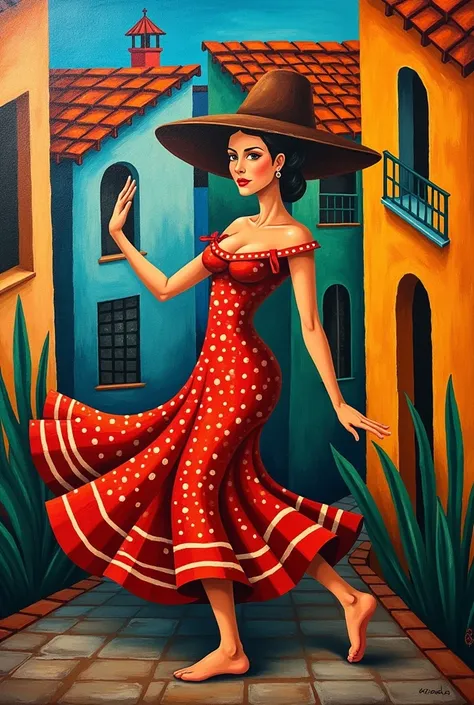  creates a Cubism-style painting ,Picasso ,by Mujer Hermosa Peasina ,  with a background with houses with Nicaragua fabrics by Huipil ,barefoot , dancing folko 