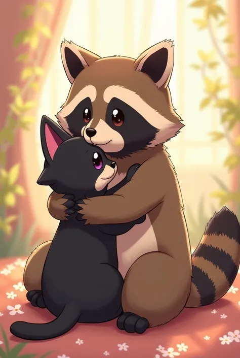 Male raccoon hugging a female black kitten anime version