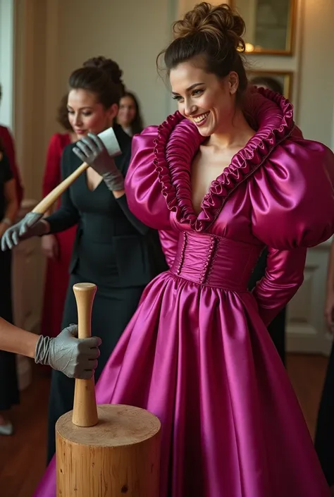 (realistic photograph sideways close up), (a smiling beautiful Caucasian lady with (messy hair bun), she is down on the floor and wearing a (excessive shiny fuchsia silk gown with (long gigantic puff sleeves), (and with an ultra high tight stand-up collar ...