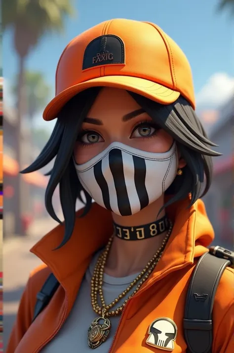  Im going to want a character from Free Fire ,with an orange cap on the back , and a white mask with three large black stripes,Cabelina Régua , flow shirt 