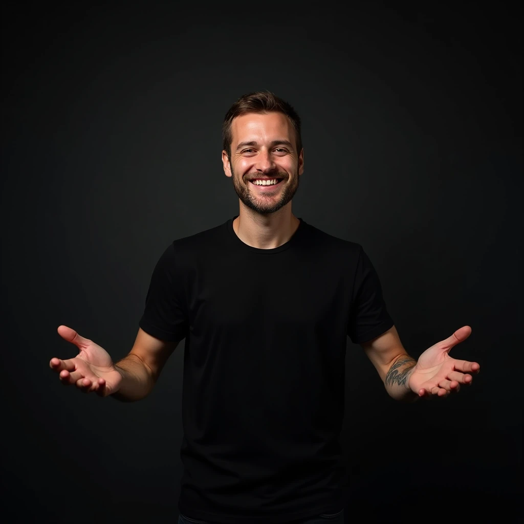  Professional studio photo of a 25-year-old in a plain black shirt, with a welcoming face , smiling, But with his mouth shut ,  with open arms, Ready for a hug,  in the front position against a black gradient background and graffiti .