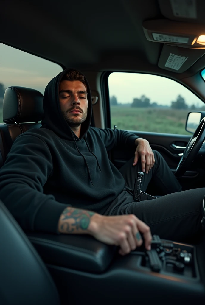 Handsome young dealer in a black GMC Yukon pickup truck, 1, gun in lap, leaning back in seat with eyes closed, black hoodie, tattooed hands