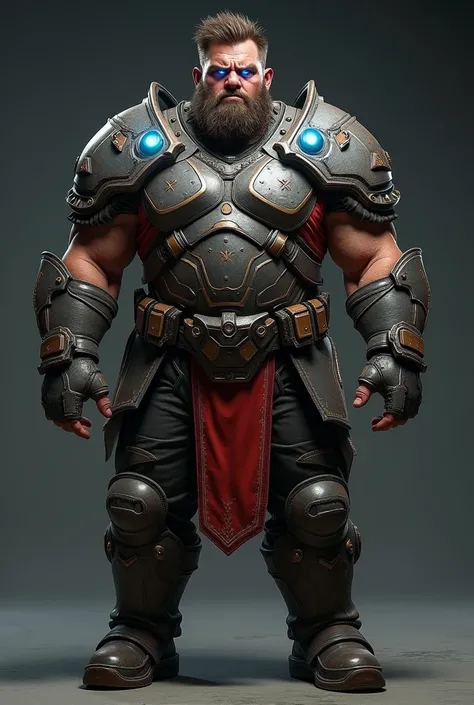 A middle aged man of 1 1.97 cm tall and 127 kg in weight with a very busty and very buffed body, short and unruly dark brown hair, glowing blue eyes, somewhat sharp features and an expression full of anger, with armor like skorge from gears of war 2
