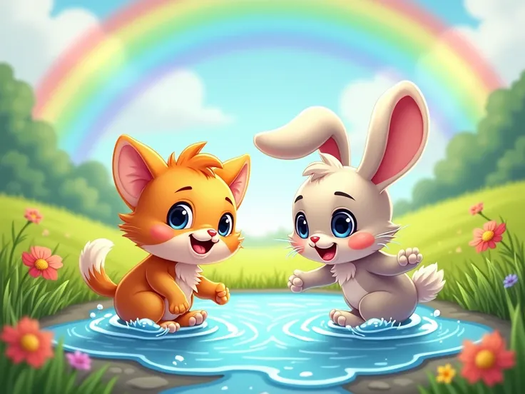 Kitty and Bunny Adventure
"A playful cartoon scene of a cheerful kitten and a bunny with floppy ears, splashing together in a sparkling puddle. The background features lush green meadows, a rainbow arcing overhead, and colorful wildflowers."