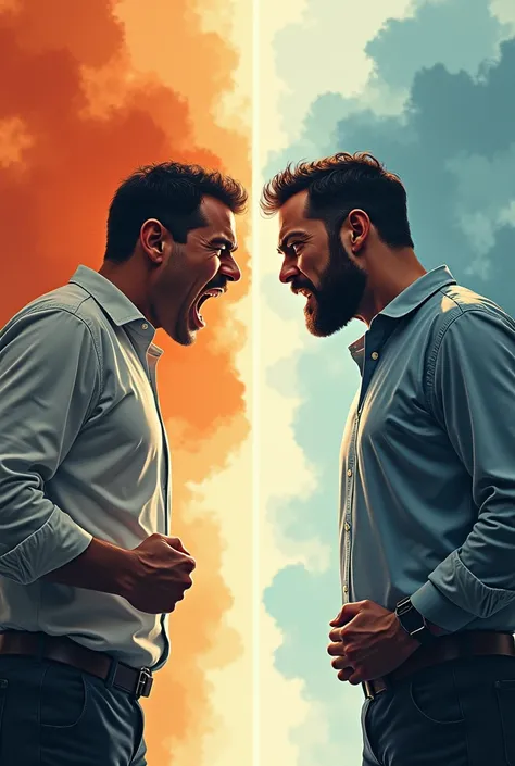 Two men standing face-to-face. On one side, a man with an intense, angry expression—his eyebrows furrowed, eyes blazing, and fists clenched, radiating frustration and aggression. On the other side, he stands normally . His mouth is off. He is not smile.  T...