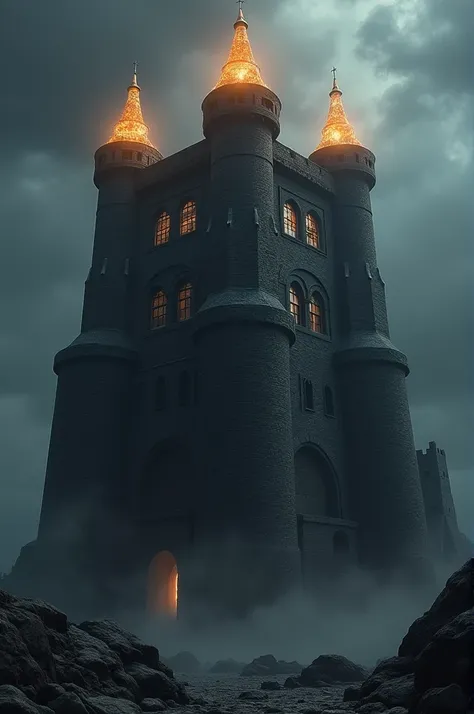 Huge black brick castle , with realistic dark energy radiation with golden cusps
