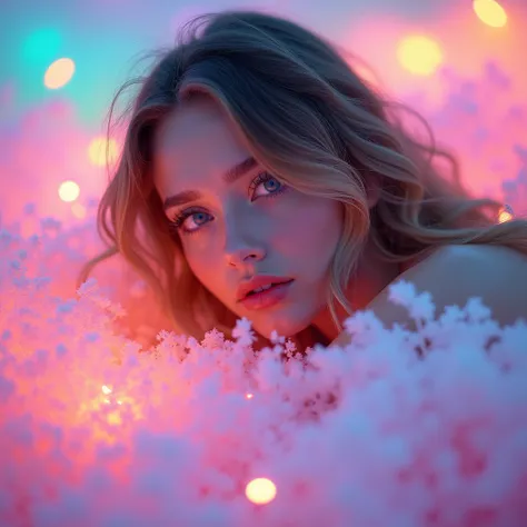 a beautiful woman in a surreal rainbow foam landscape, 1woman, beautiful detailed eyes, beautiful detailed lips, extremely detailed face, long eyelashes, elegant pose, whimsical, dreamlike, colorful rainbow foam, glowing light, ethereal, pastel colors, cin...