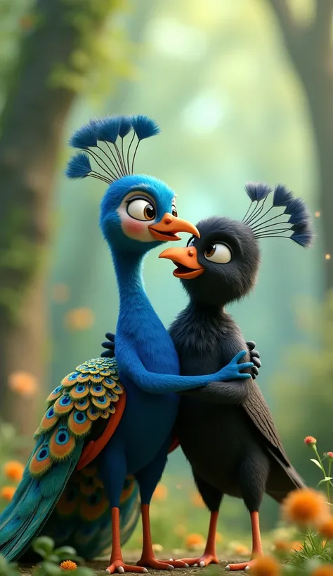 Peacock hug the crow and smile together 3D animated image