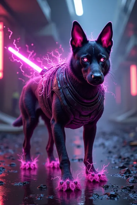 Create 32k ultra-realistic image of a dangerous, mutated hybrid fusion of Dog, Blackberry, and The Lightsaber as a costume. This evolution features a sleek, powerful dog with agile limbs, its fur seamlessly blending with deep purple, glowing blackberry tex...