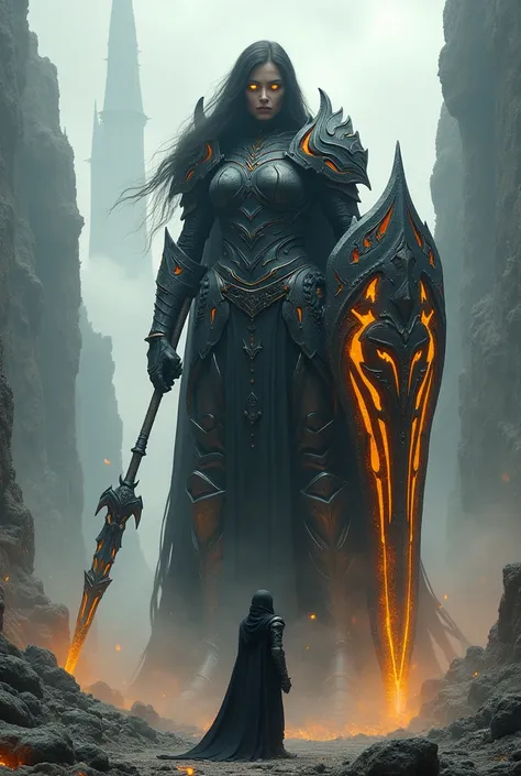 Dark Knight

Prompt:
A massive, towering dark-armored female warrior stands in a desolate, rocky landscape, exuding an imposing and ominous presence. The figure wears intricately detailed black armor with glowing orange and gold accents, giving off a molte...