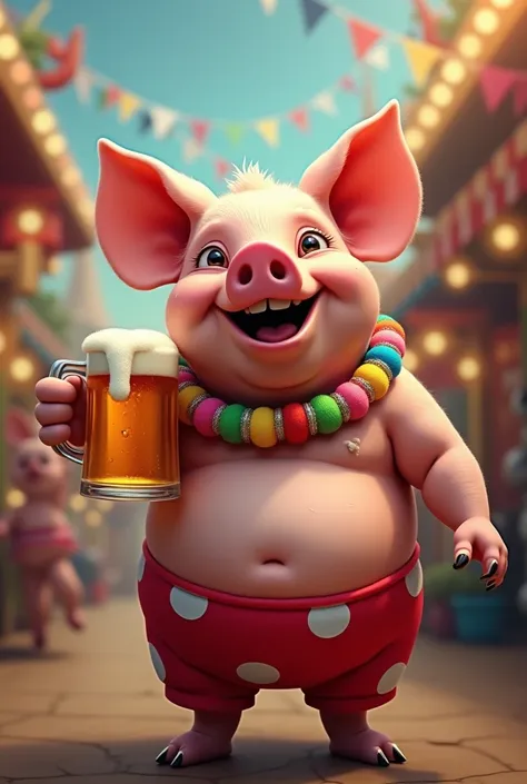 Image of a pig with a carnival necklace holding beer and wearing red shorts with white polka dots